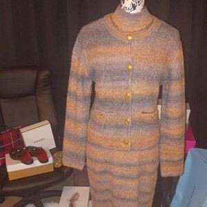 Chic Striped Gray and Tan Women's Two Piece Sweater Dress With Matching Sweater.